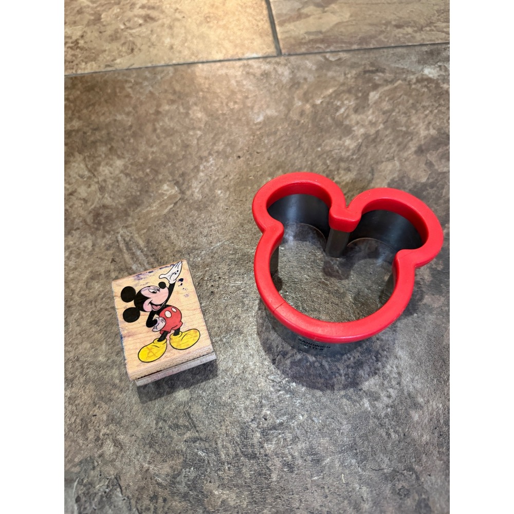 Disney Mickey Mouse Sandwich Cutter and Wooden Rubber Stamp Bundle Red Silver